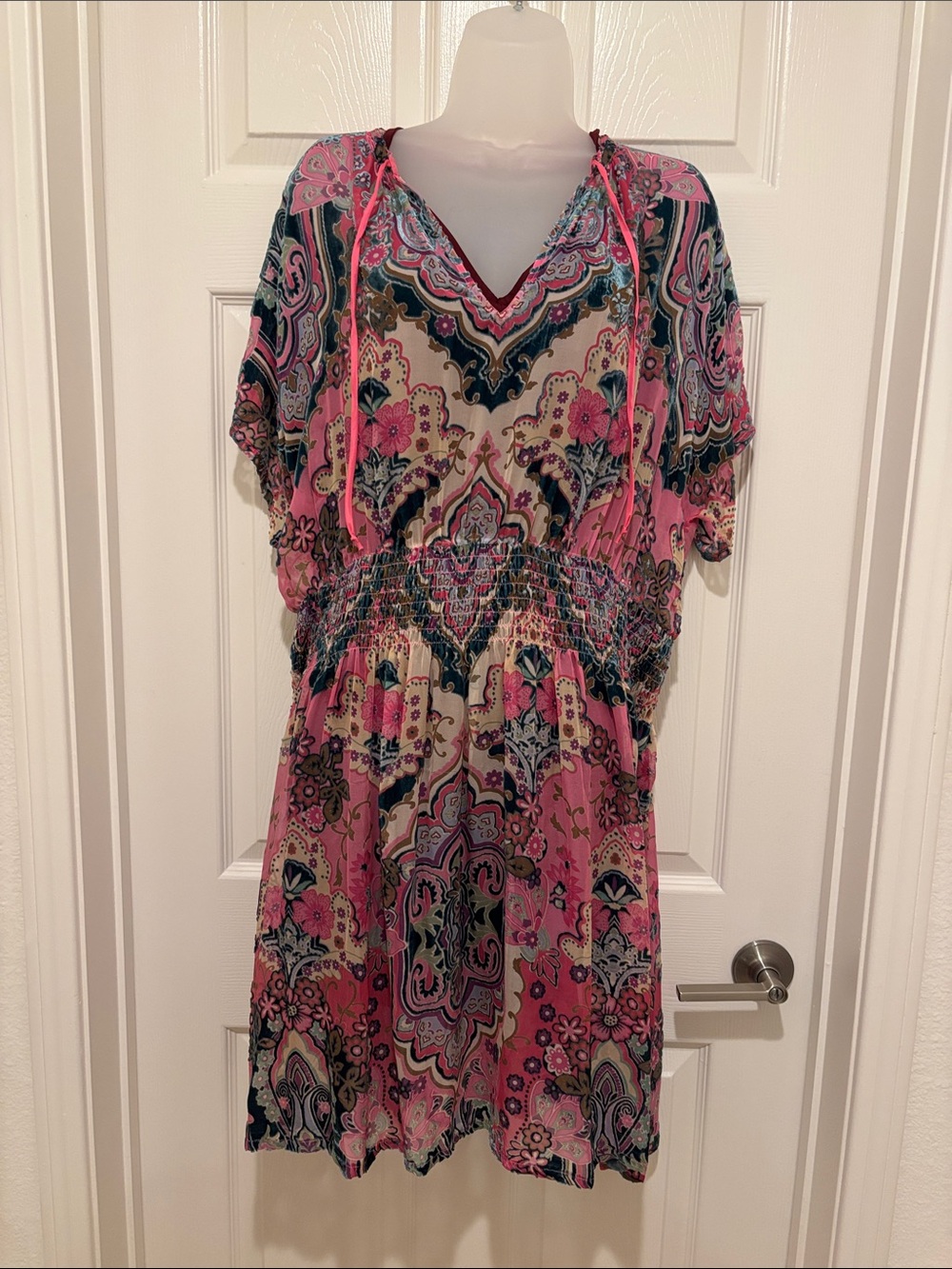 Johnny Was Pink Multi Paisley V-Neck Smocked Waist Dress